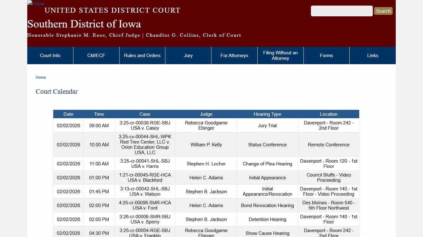 Court Calendar Southern District of Iowa United States District Court